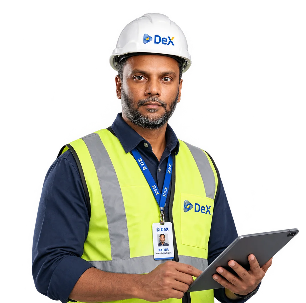 Kathir in DeX-branded site safety equipment, holding a tablet